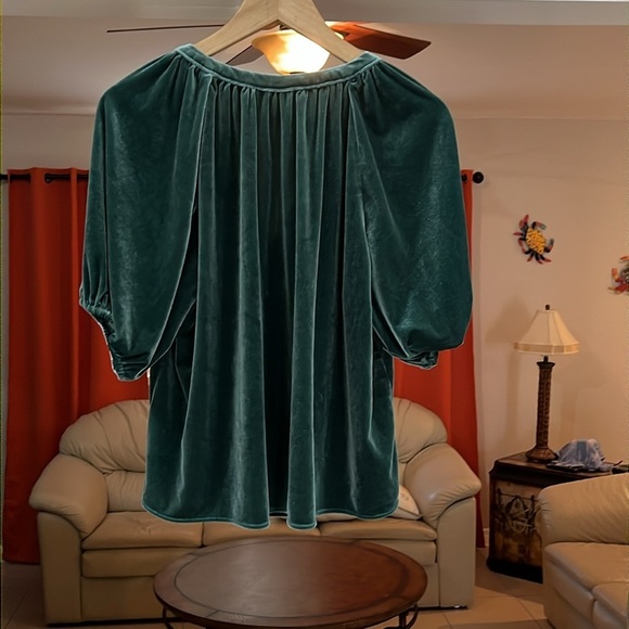 GAP Puff Sleeve Green Crushed Velvet V-Neck Top Size M - Picture 2 of 5